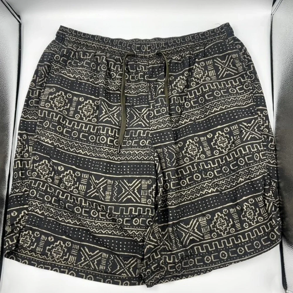 SAXX Men's Large Cannonball 2N1 Long Black Tribal Geometric Swim Shorts